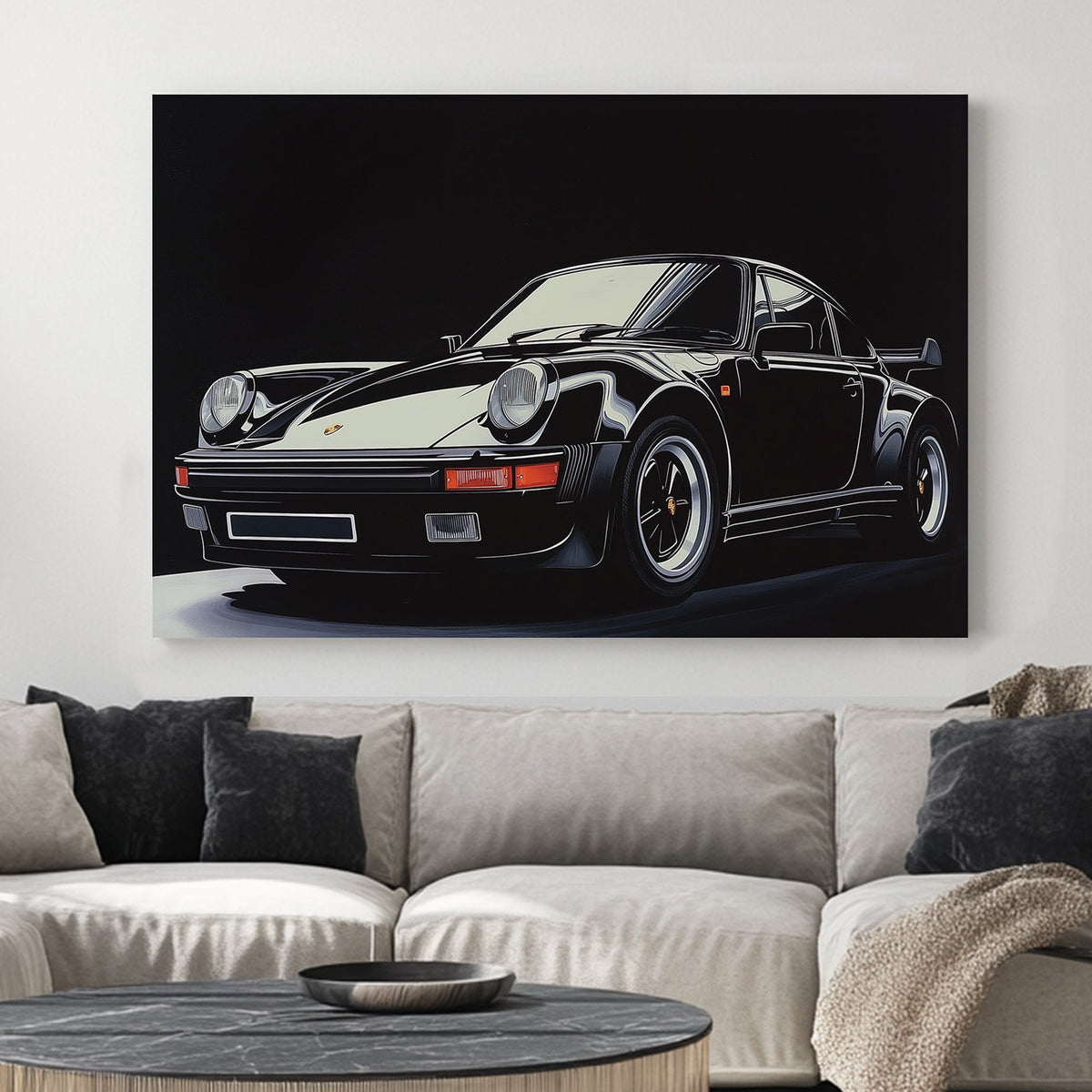 High-contrast digital wall art of a black Porsche 911 Turbo with sharp reflections against a dark background.