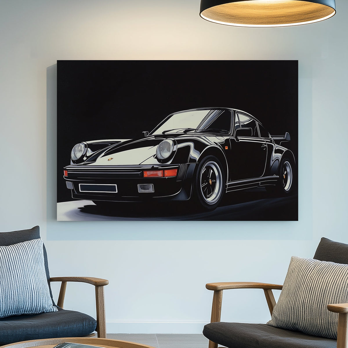 High-contrast digital wall art of a black Porsche 911 Turbo with sharp reflections against a dark background.
