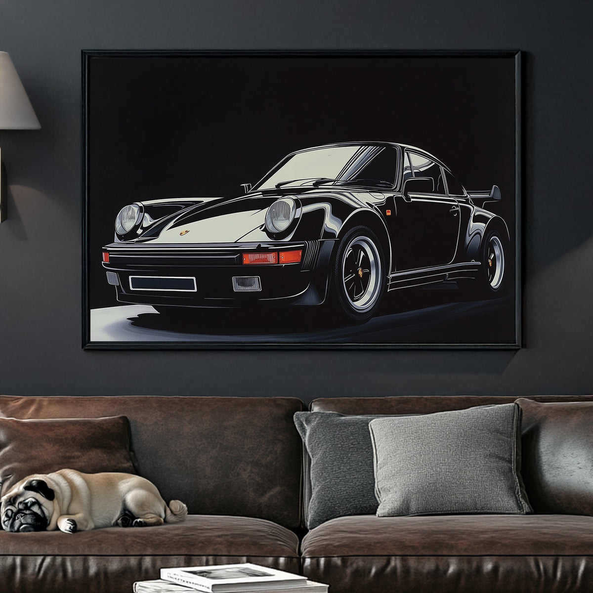 High-contrast digital wall art of a black Porsche 911 Turbo with sharp reflections against a dark background.