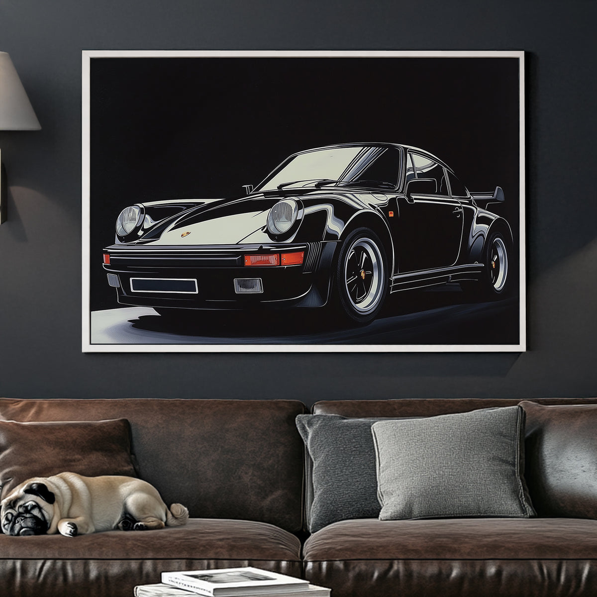 High-contrast digital wall art of a black Porsche 911 Turbo with sharp reflections against a dark background.