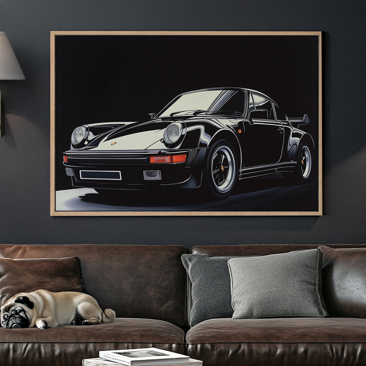 High-contrast digital wall art of a black Porsche 911 Turbo with sharp reflections against a dark background.