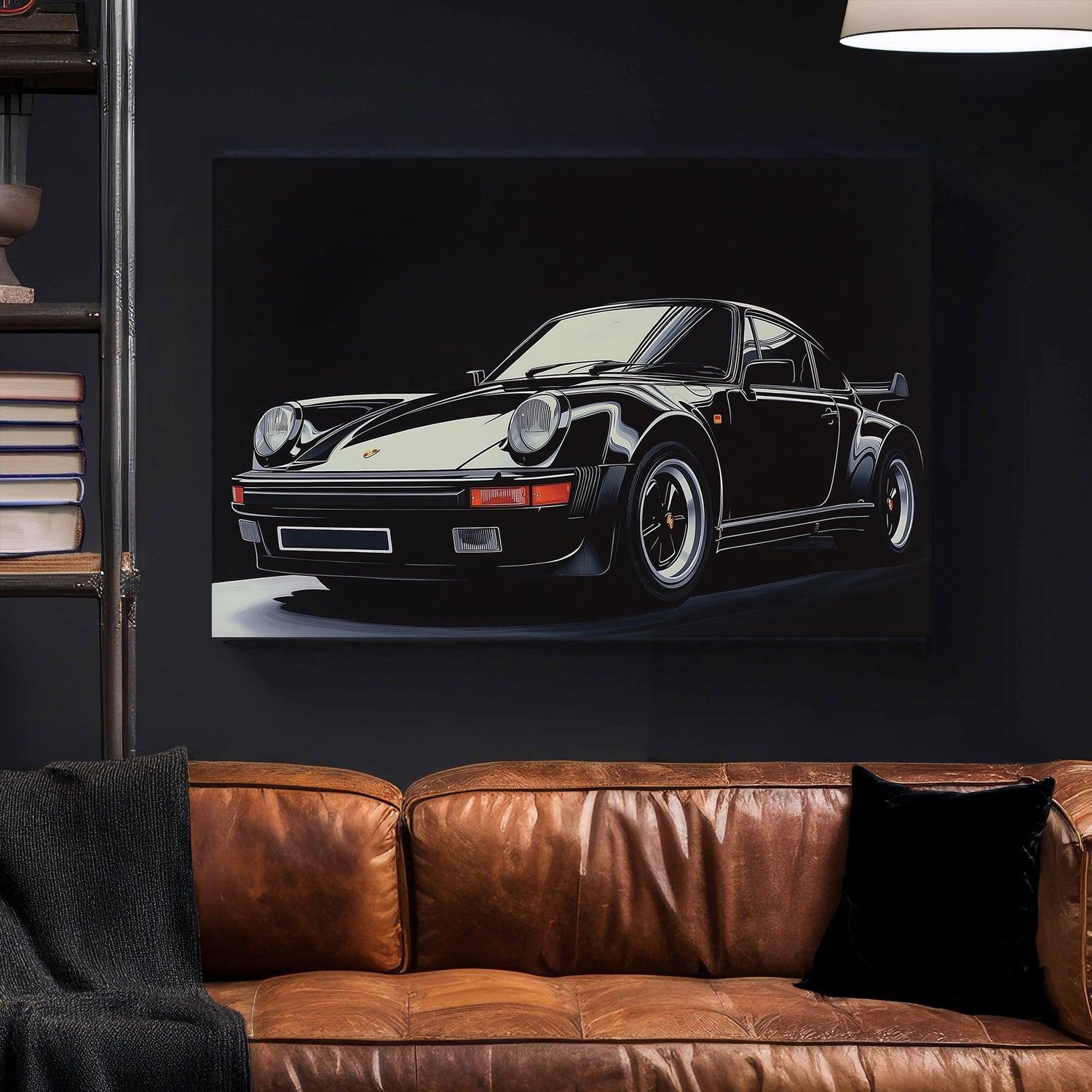 High-contrast digital wall art of a black Porsche 911 Turbo with sharp reflections against a dark background.