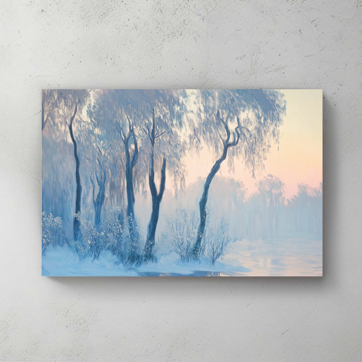 Impressionist wall art of a misty winter landscape with delicate blue trees reflecting over a calm body of water.