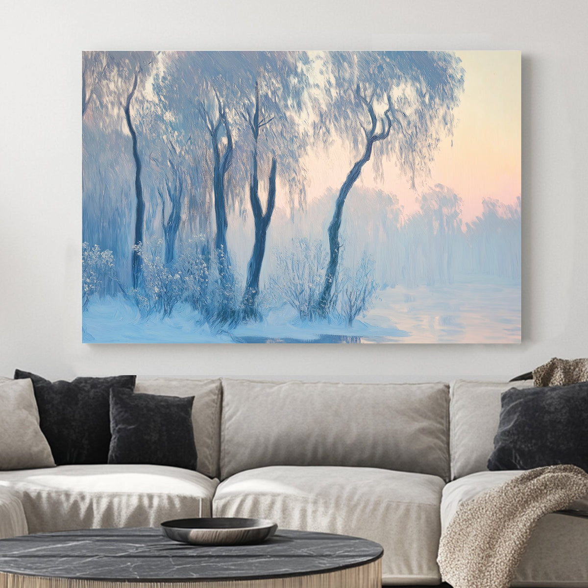 Impressionist wall art of a misty winter landscape with delicate blue trees reflecting over a calm body of water.