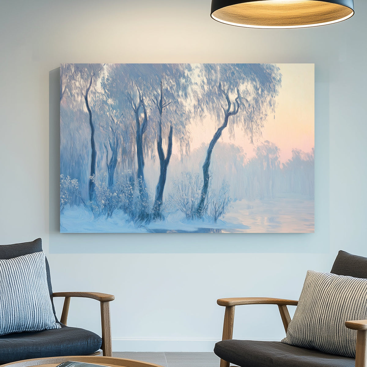 Impressionist wall art of a misty winter landscape with delicate blue trees reflecting over a calm body of water.