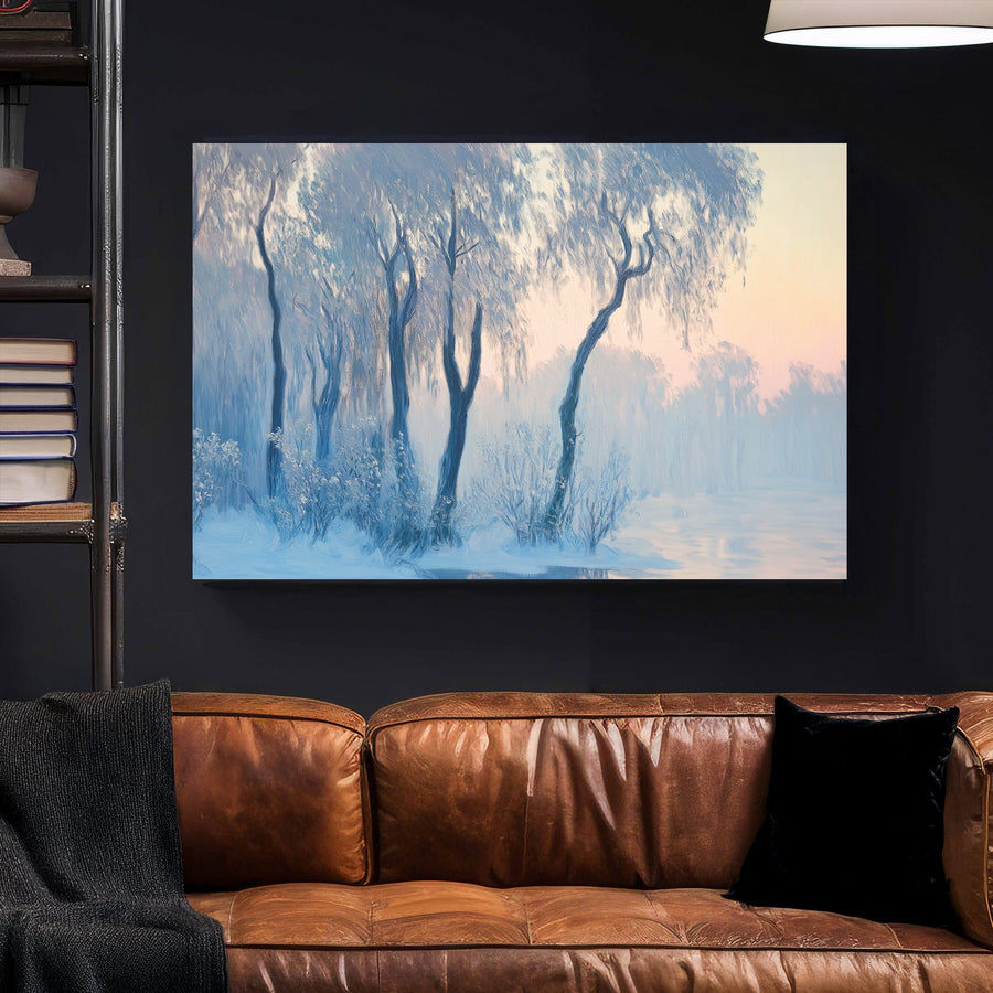 Impressionist wall art of a misty winter landscape with delicate blue trees reflecting over a calm body of water.