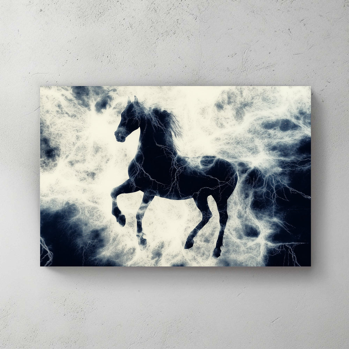 Black stallion rearing up in a storm of white lightning, dramatic contrast of dark and electric energy.