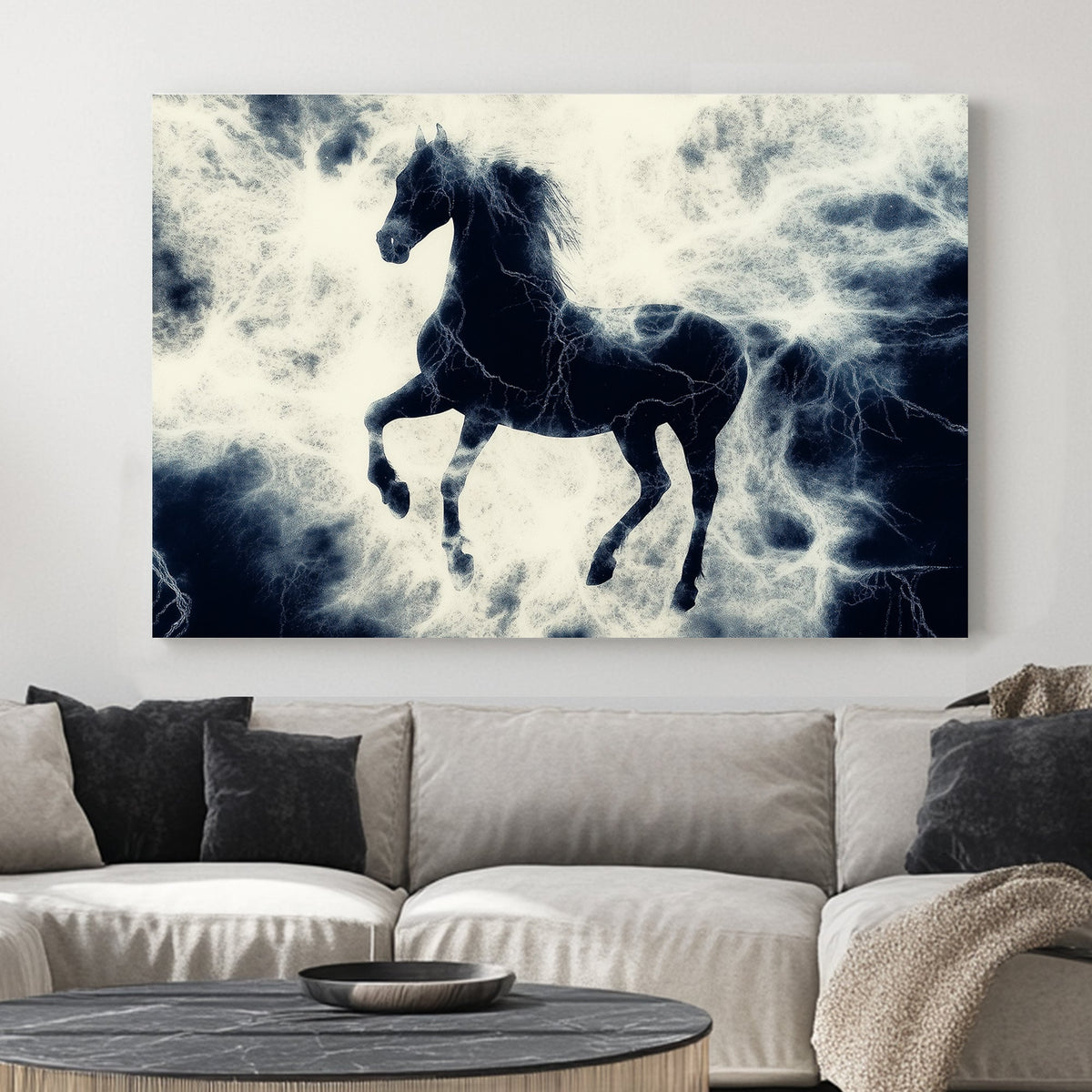 Black stallion rearing up in a storm of white lightning, dramatic contrast of dark and electric energy.