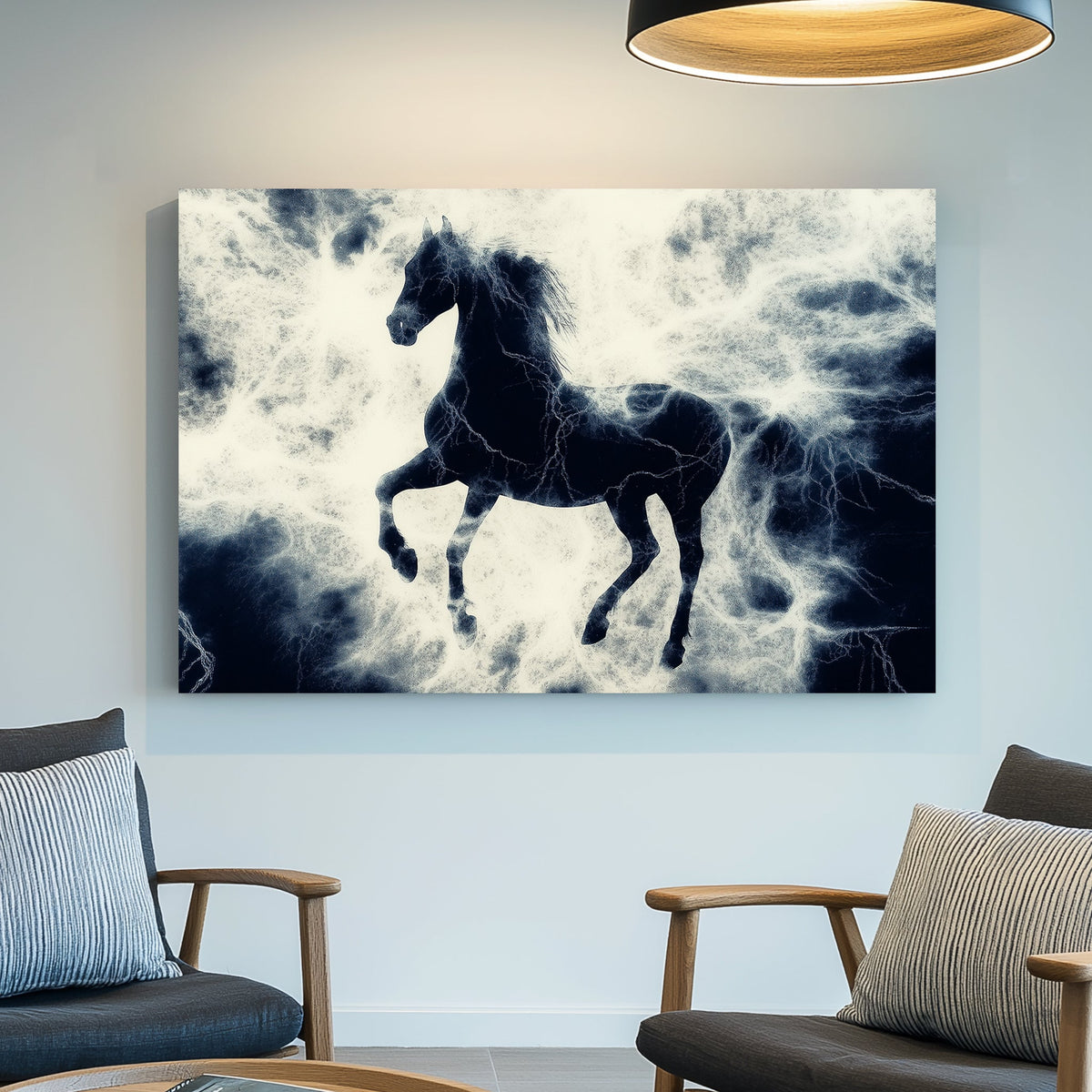 Black stallion rearing up in a storm of white lightning, dramatic contrast of dark and electric energy.