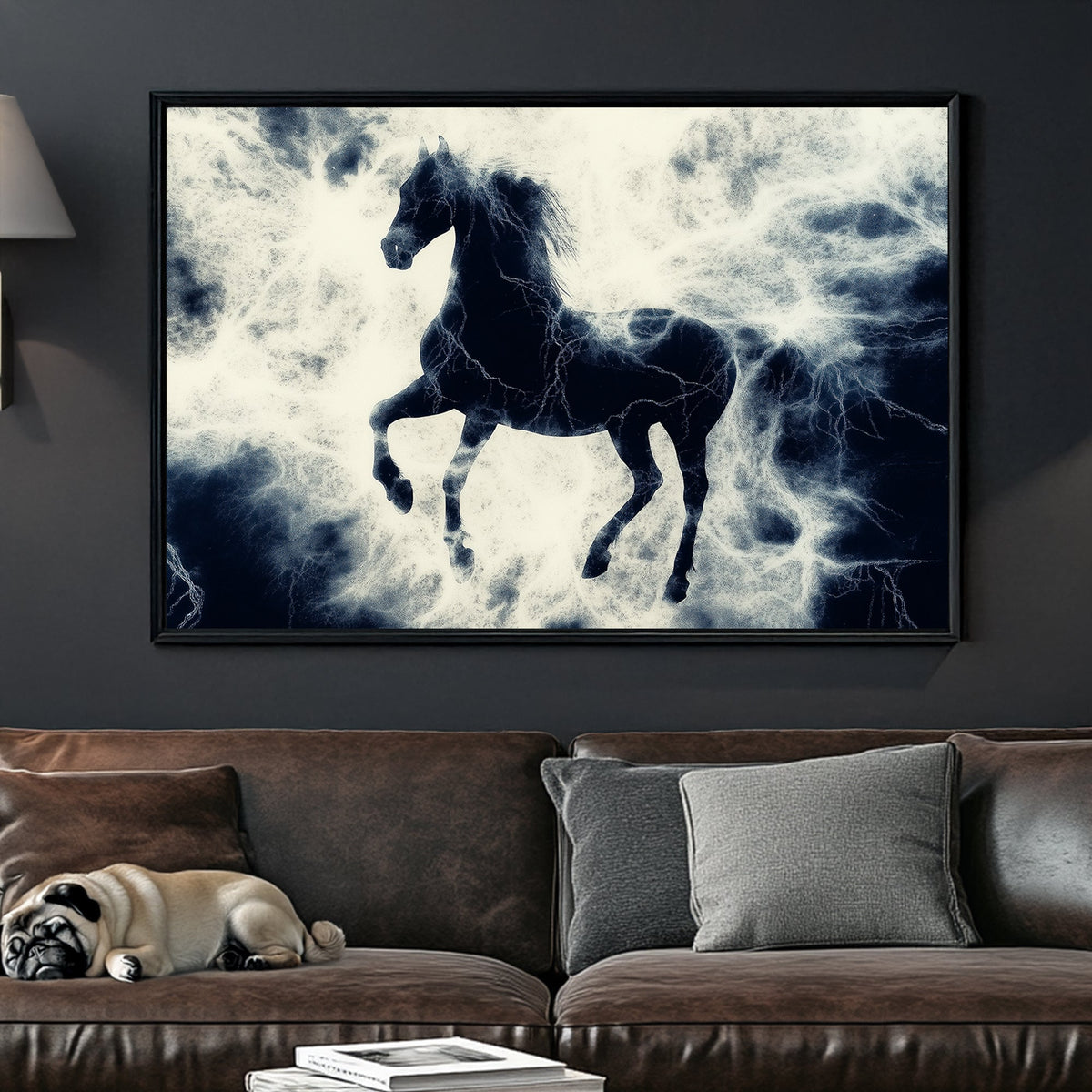 Black stallion rearing up in a storm of white lightning, dramatic contrast of dark and electric energy.
