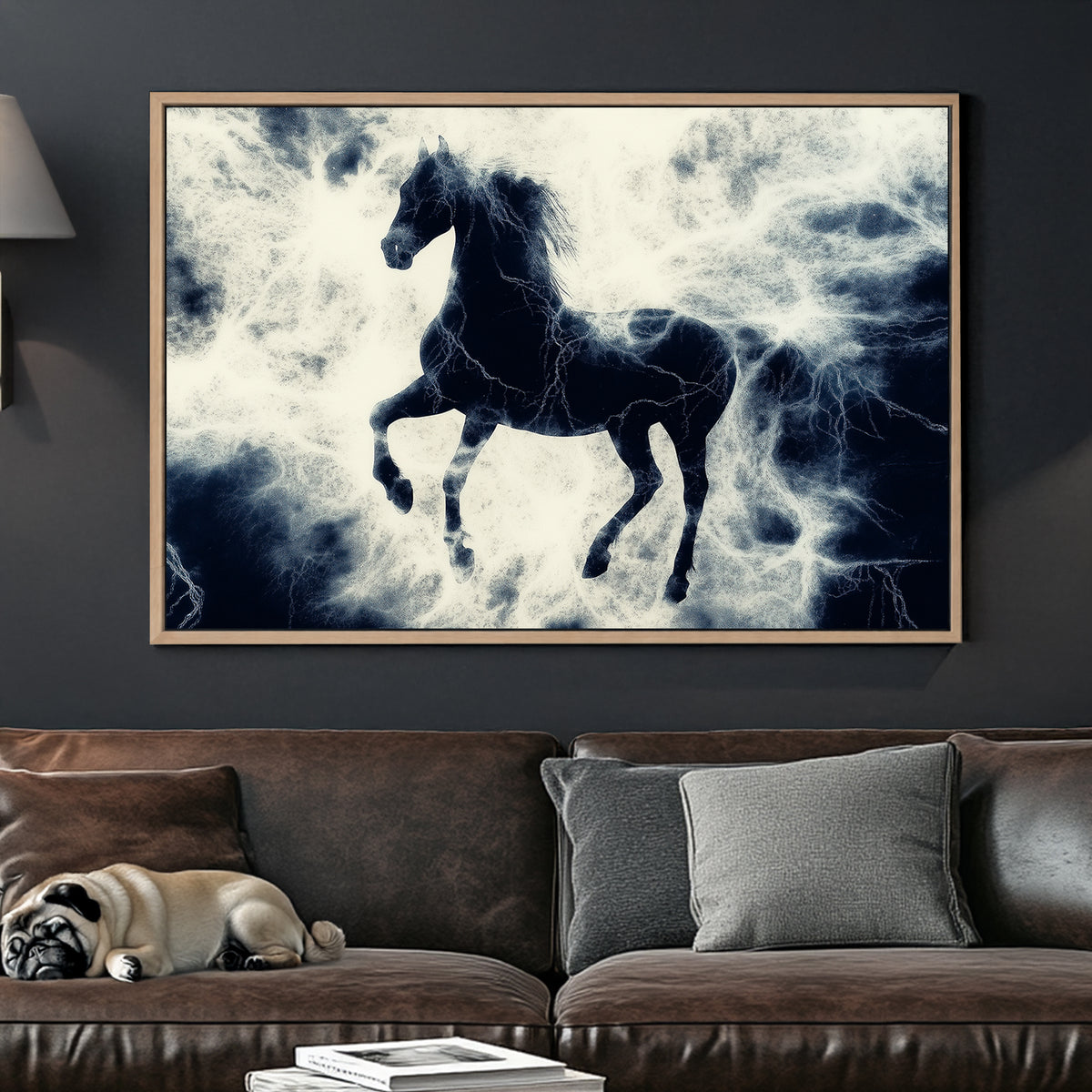 Black stallion rearing up in a storm of white lightning, dramatic contrast of dark and electric energy.