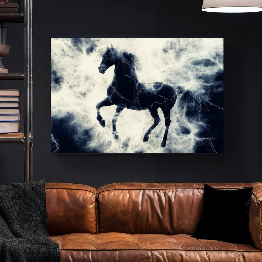 Black stallion rearing up in a storm of white lightning, dramatic contrast of dark and electric energy.