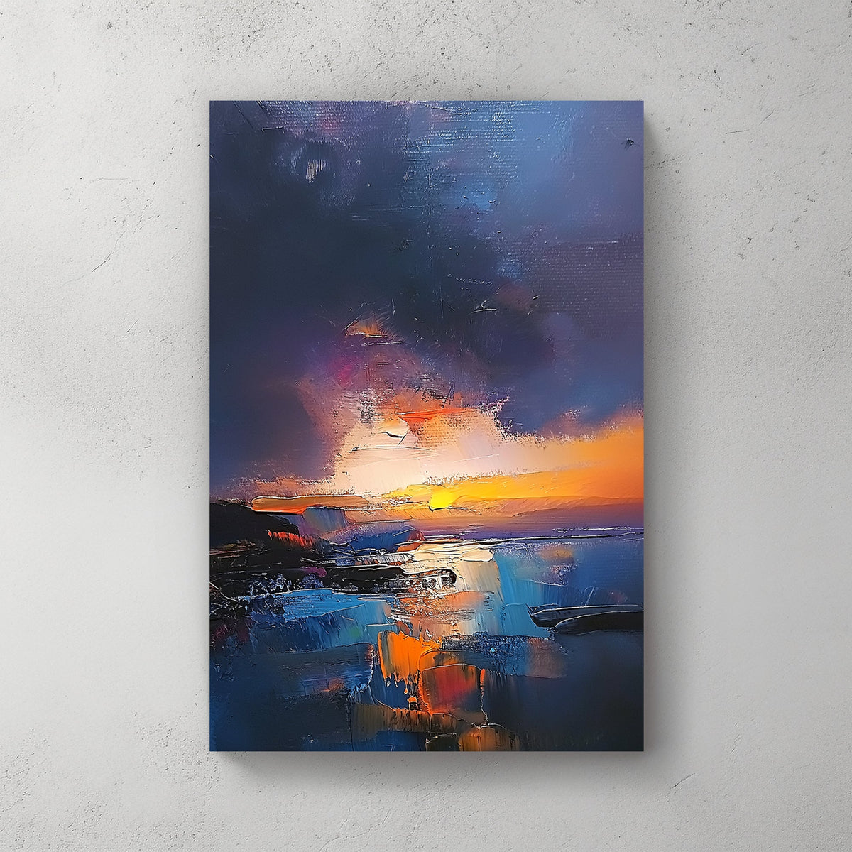 Textured oil wall art of a sunset over a coastal scene with deep blues, fiery oranges, and a moody twilight sky.