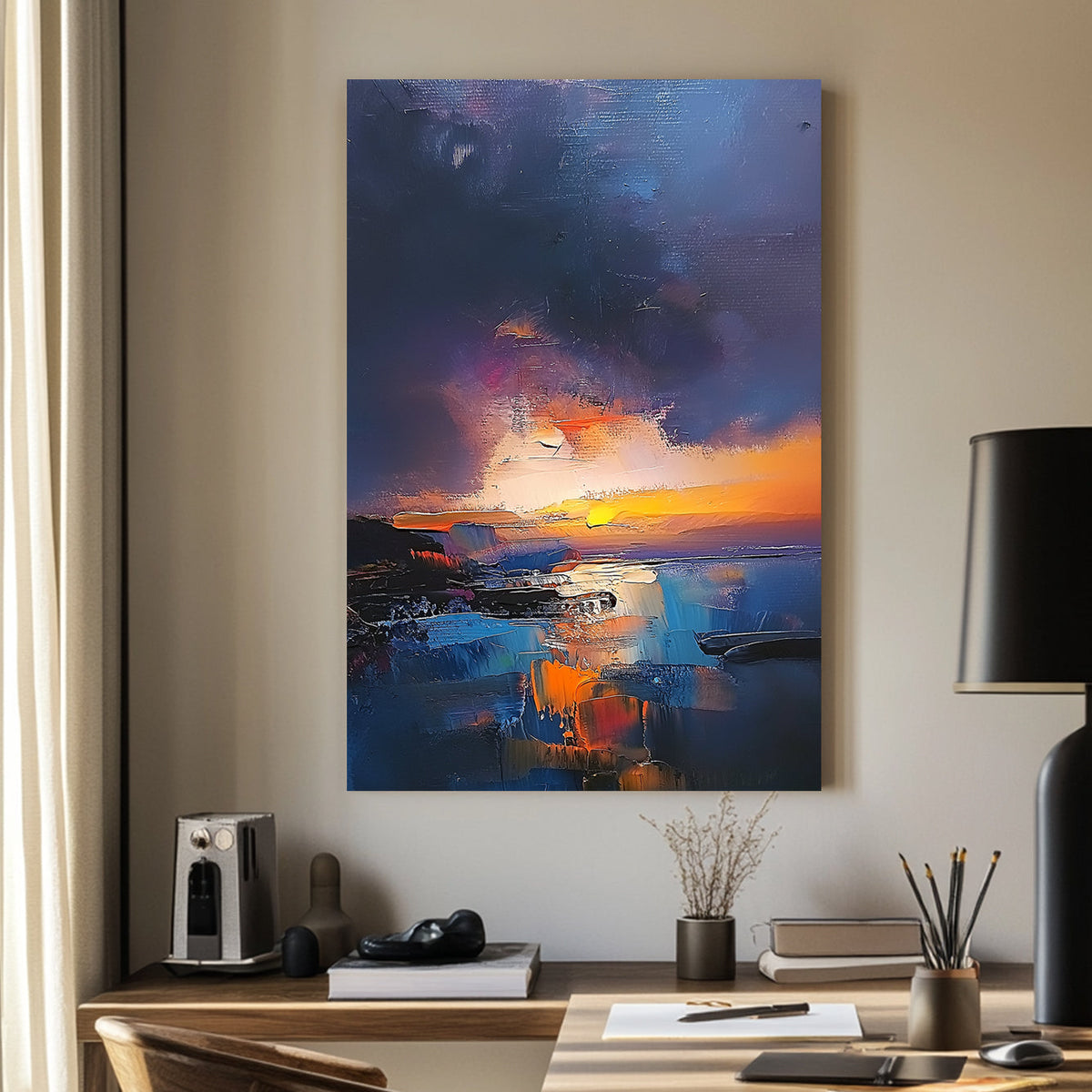 Textured oil wall art of a sunset over a coastal scene with deep blues, fiery oranges, and a moody twilight sky.