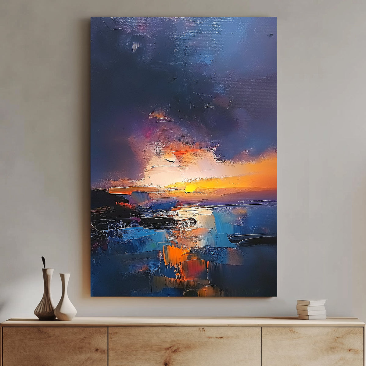 Textured oil wall art of a sunset over a coastal scene with deep blues, fiery oranges, and a moody twilight sky.