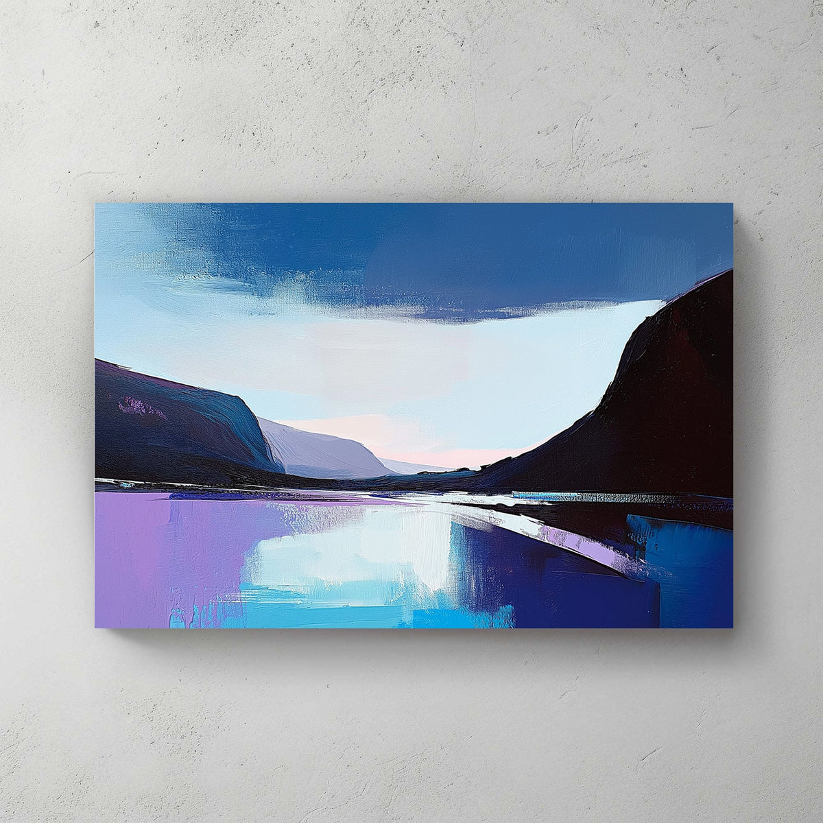 Abstract impressionist wall art of a twilight lake with deep blues, purples, and soft pastels reflecting on the water.