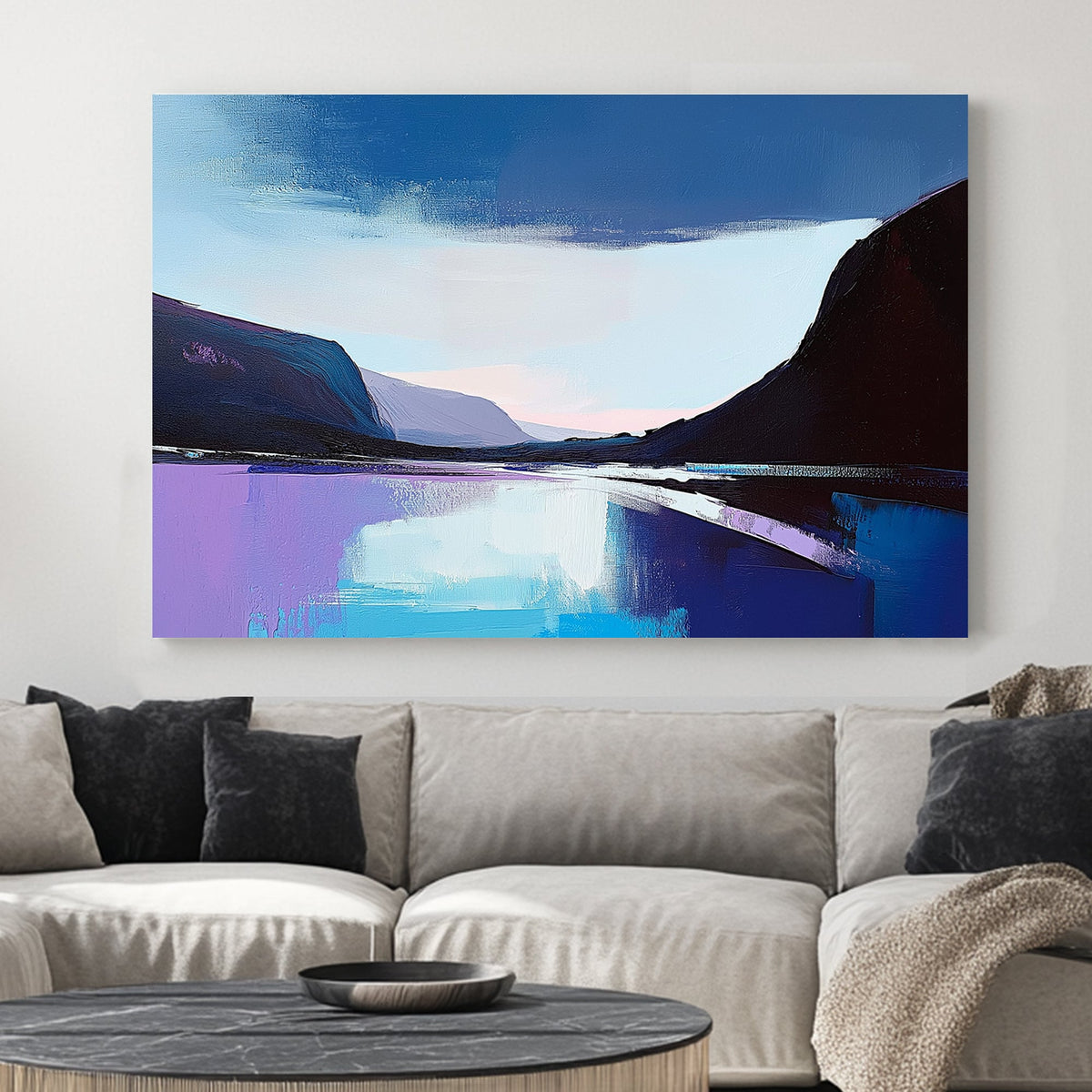 Abstract impressionist wall art of a twilight lake with deep blues, purples, and soft pastels reflecting on the water.