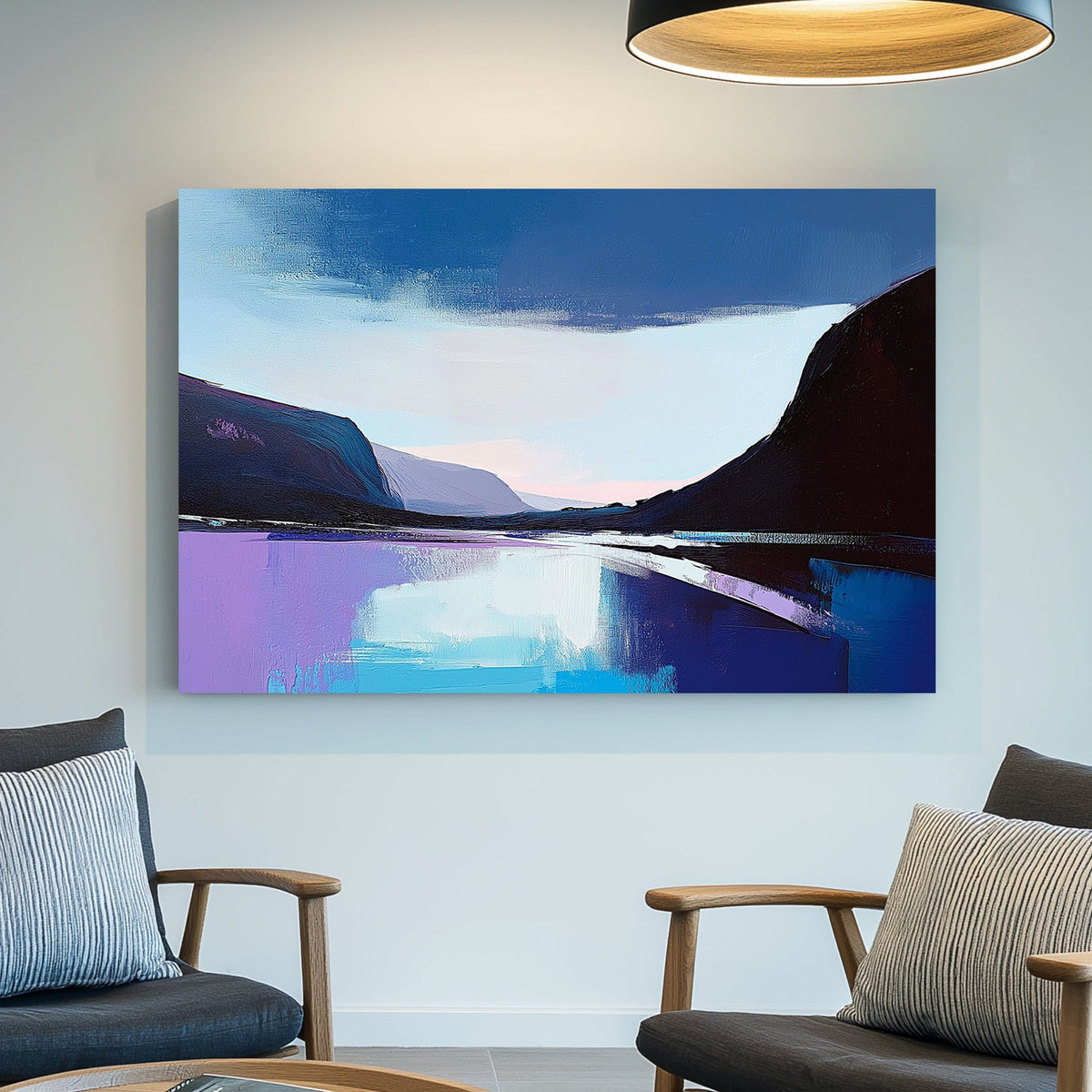 Abstract impressionist wall art of a twilight lake with deep blues, purples, and soft pastels reflecting on the water.