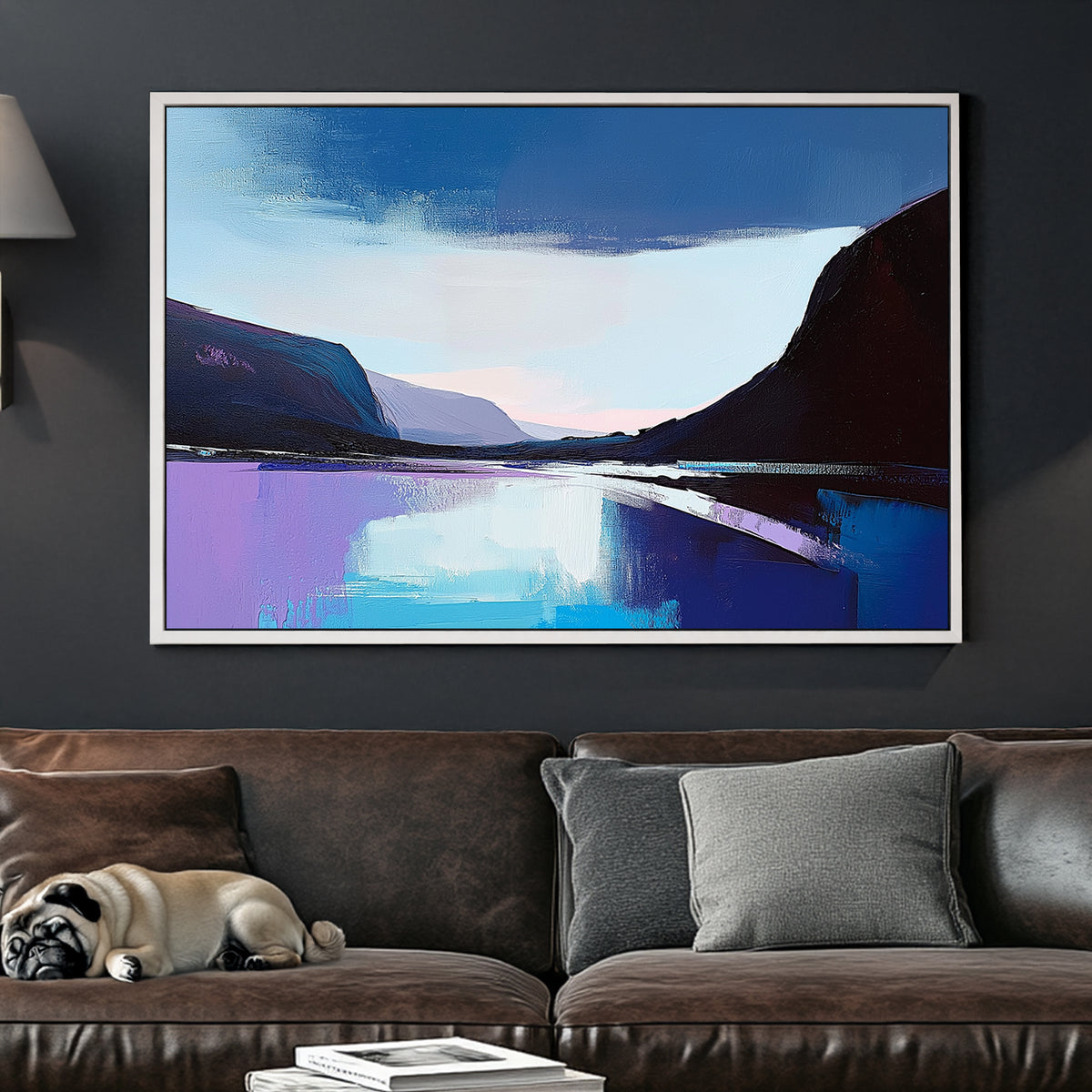 Abstract impressionist wall art of a twilight lake with deep blues, purples, and soft pastels reflecting on the water.