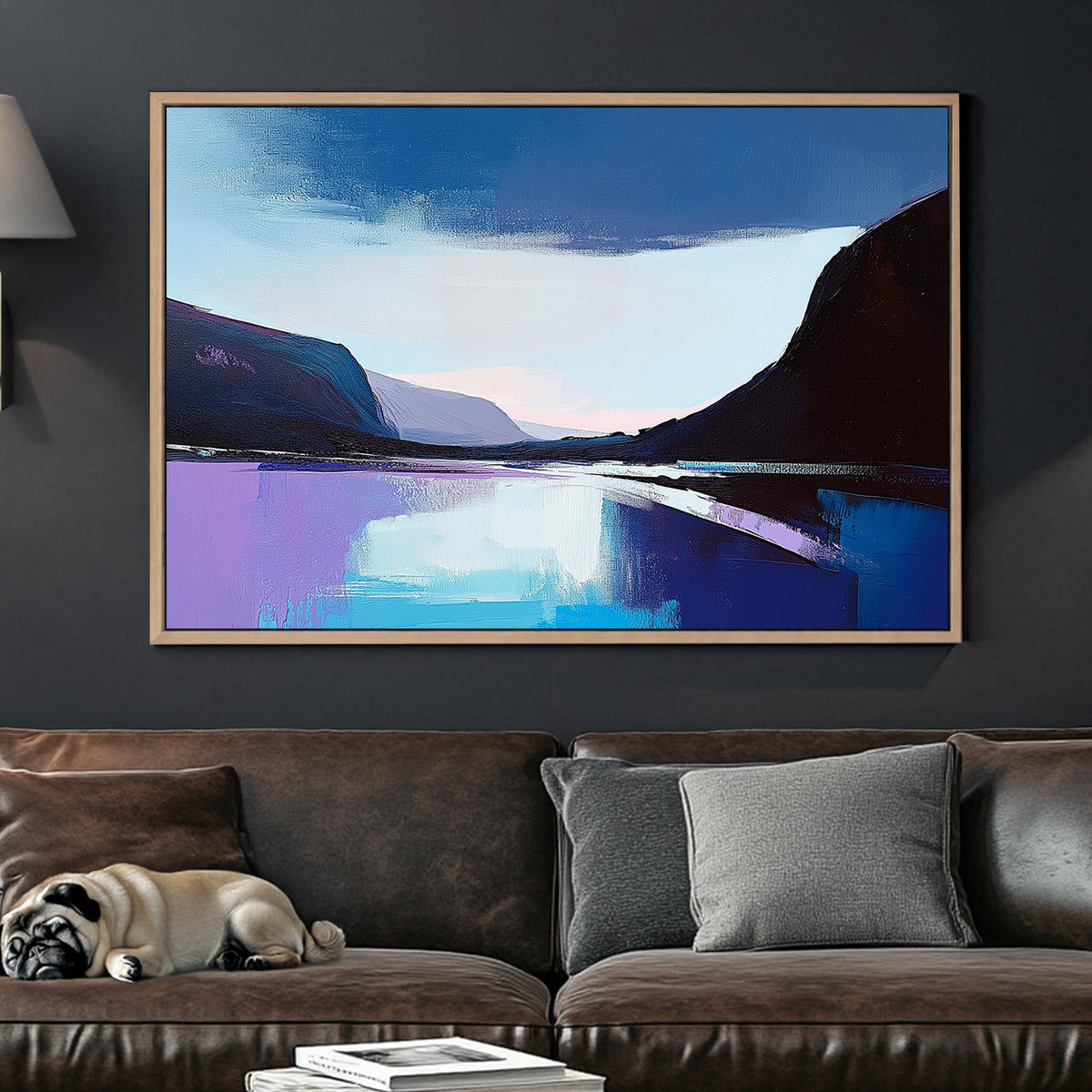 Abstract impressionist wall art of a twilight lake with deep blues, purples, and soft pastels reflecting on the water.