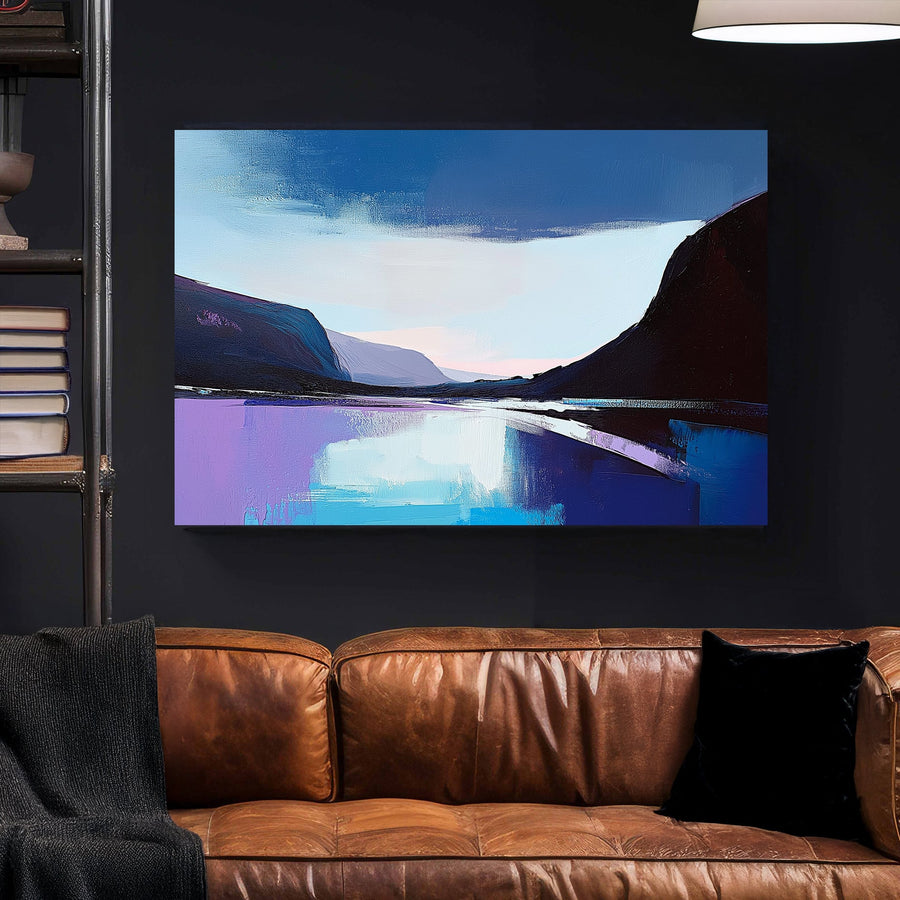 Abstract impressionist wall art of a twilight lake with deep blues, purples, and soft pastels reflecting on the water.