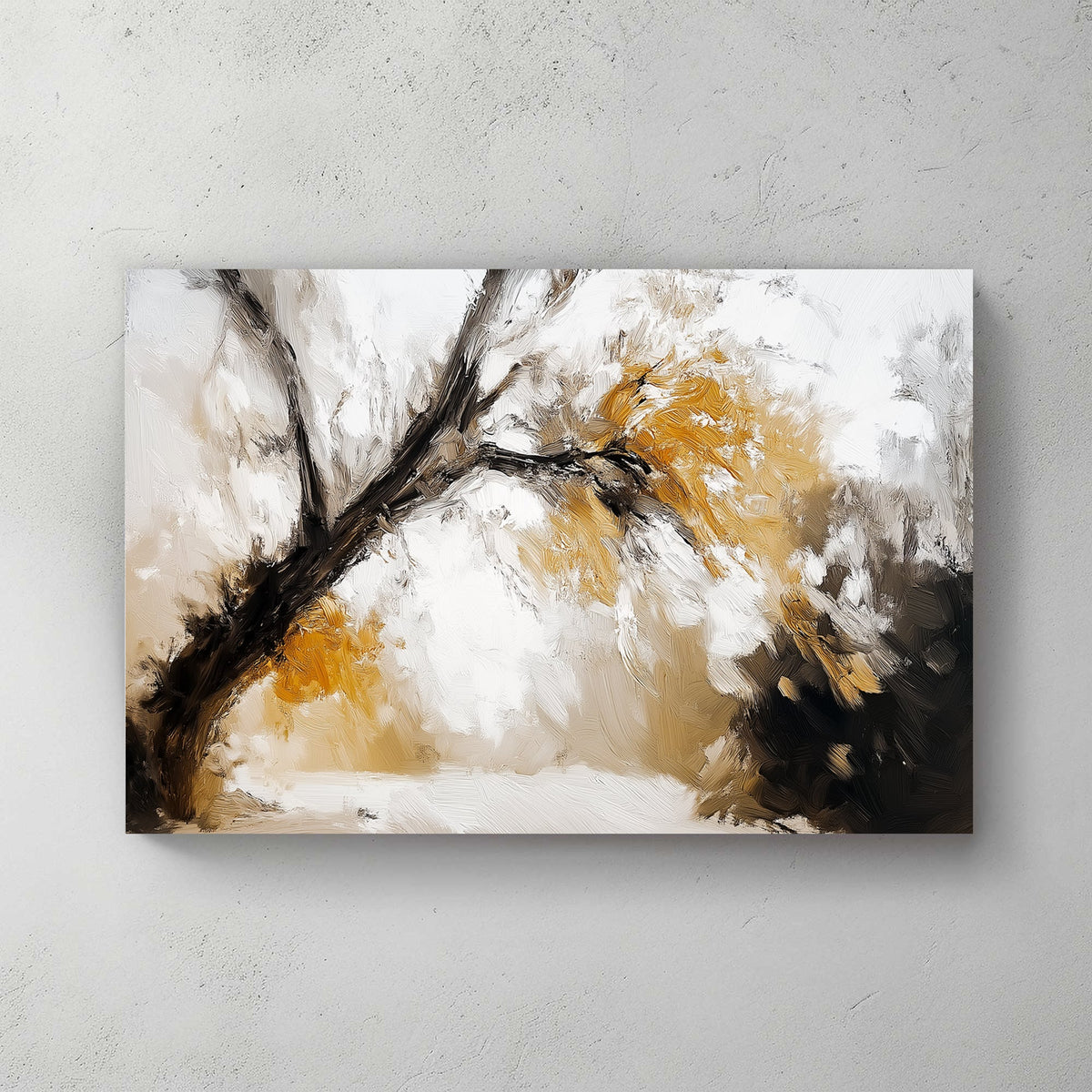 Impressionist-style wall art of a golden autumn tree with textured brushstrokes in warm earthy tones.