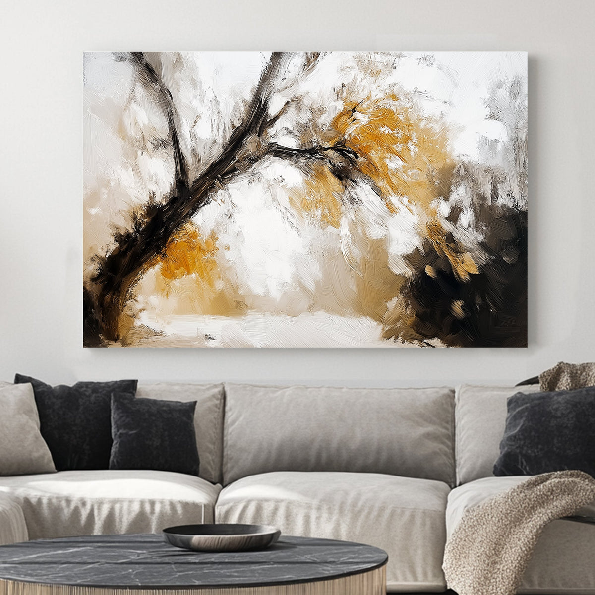 Impressionist-style wall art of a golden autumn tree with textured brushstrokes in warm earthy tones.
