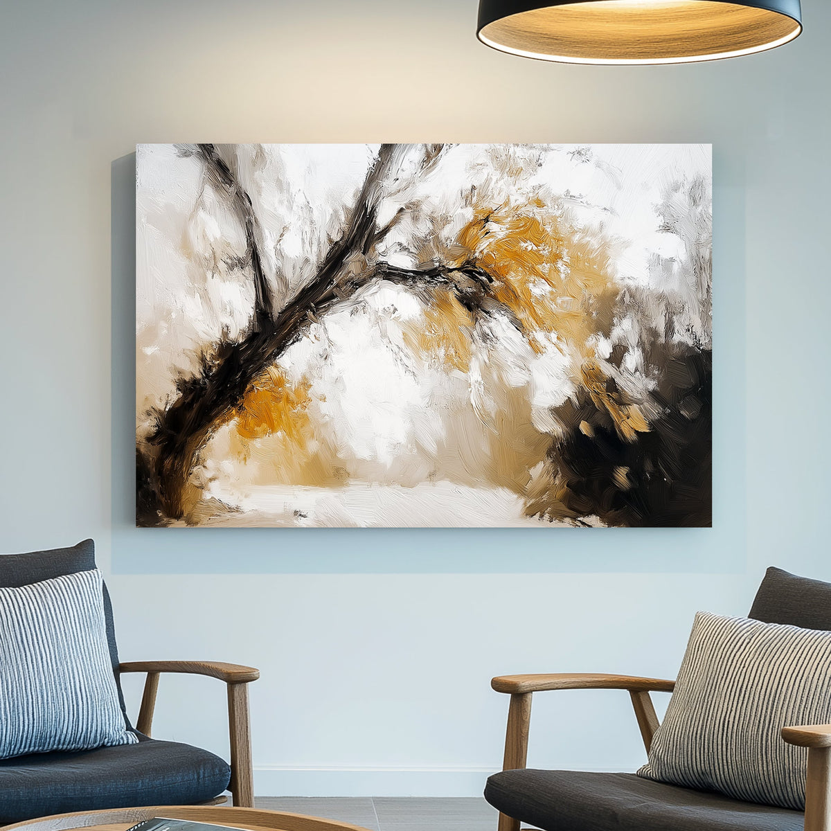 Impressionist-style wall art of a golden autumn tree with textured brushstrokes in warm earthy tones.