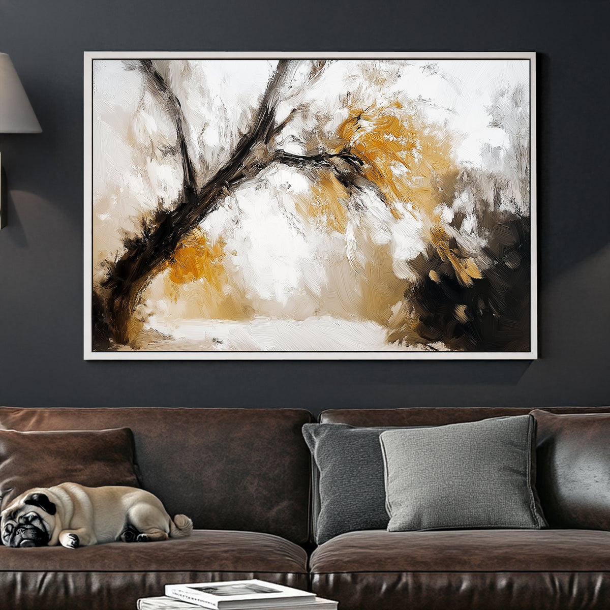 Impressionist-style wall art of a golden autumn tree with textured brushstrokes in warm earthy tones.