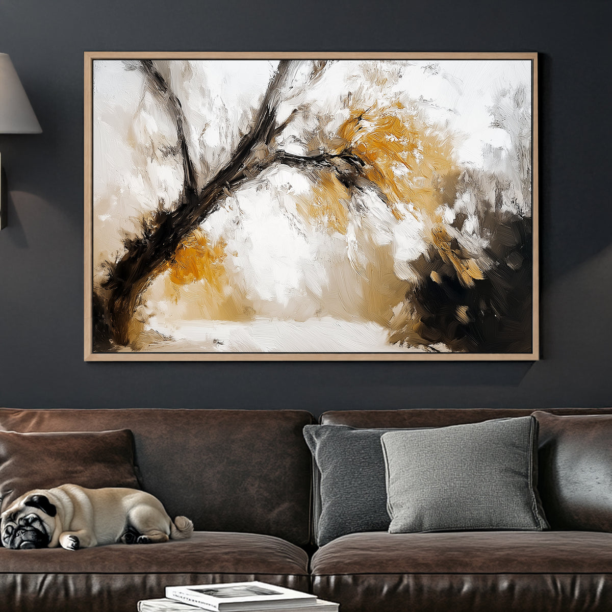 Impressionist-style wall art of a golden autumn tree with textured brushstrokes in warm earthy tones.