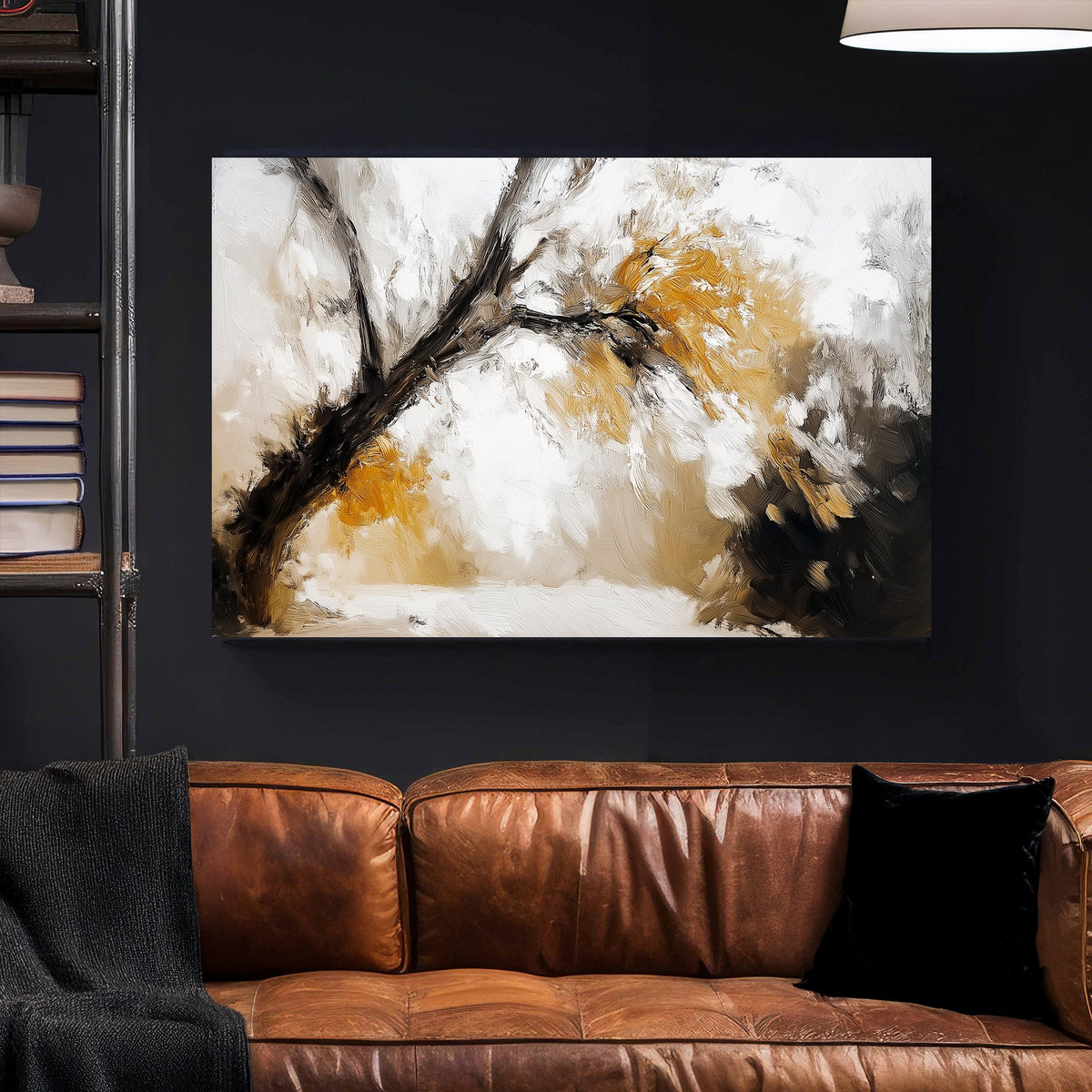 Impressionist-style wall art of a golden autumn tree with textured brushstrokes in warm earthy tones.