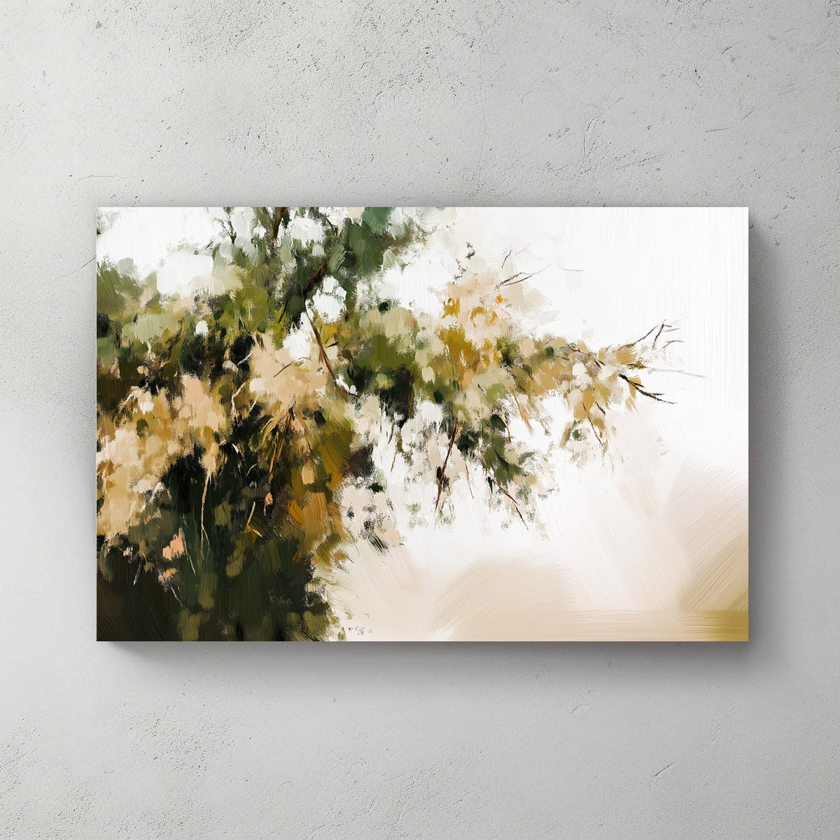 Impressionist wall art of green and gold foliage against a soft, neutral background, evoking a peaceful nature scene.