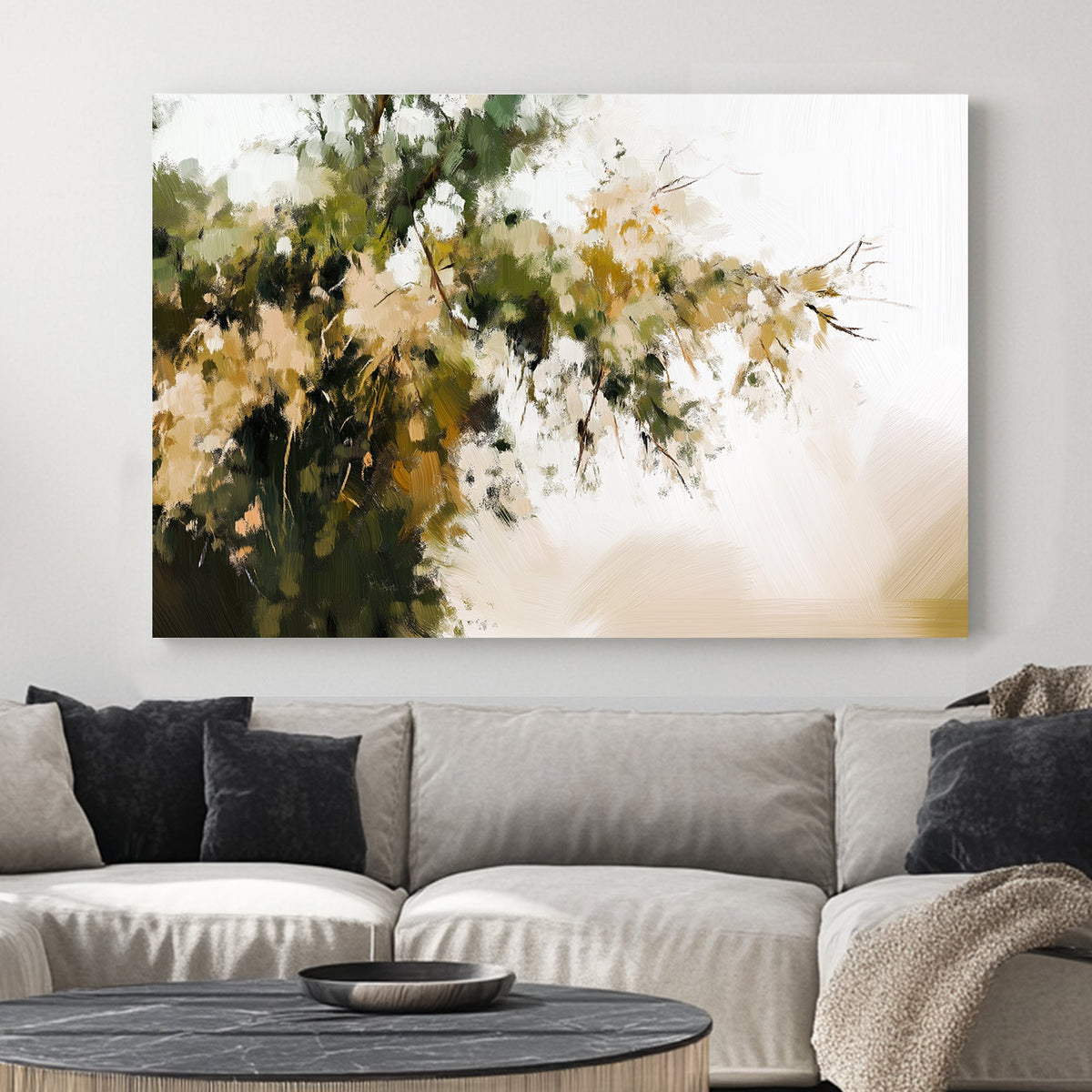 Impressionist wall art of green and gold foliage against a soft, neutral background, evoking a peaceful nature scene.