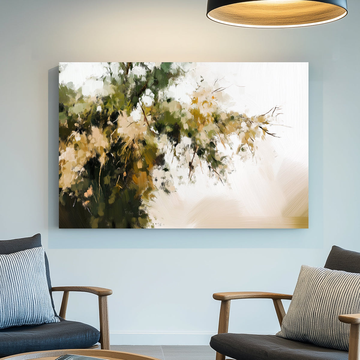 Impressionist wall art of green and gold foliage against a soft, neutral background, evoking a peaceful nature scene.