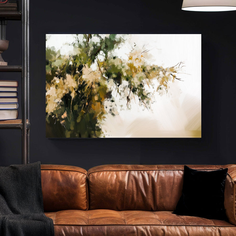Impressionist wall art of green and gold foliage against a soft, neutral background, evoking a peaceful nature scene.
