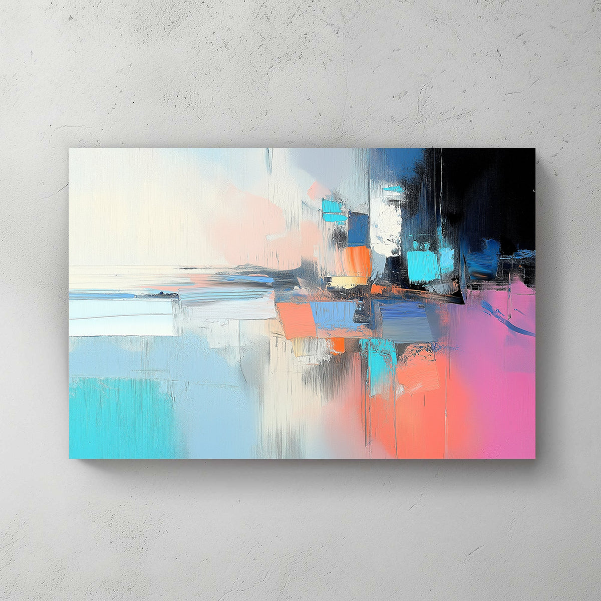 Abstract wall art with blue, orange, pink, and black hues, resembling a deconstructed cityscape with layered brushstrokes.