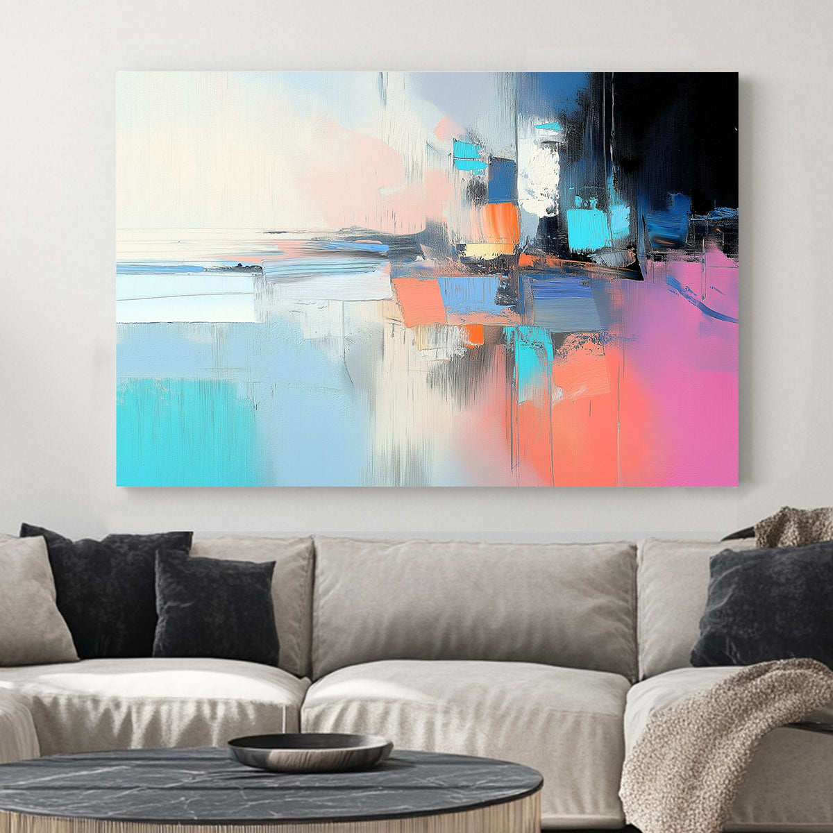 Abstract wall art with blue, orange, pink, and black hues, resembling a deconstructed cityscape with layered brushstrokes.