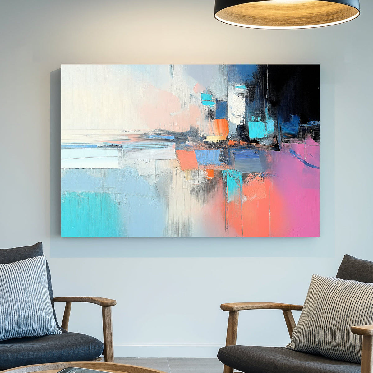 Abstract wall art with blue, orange, pink, and black hues, resembling a deconstructed cityscape with layered brushstrokes.