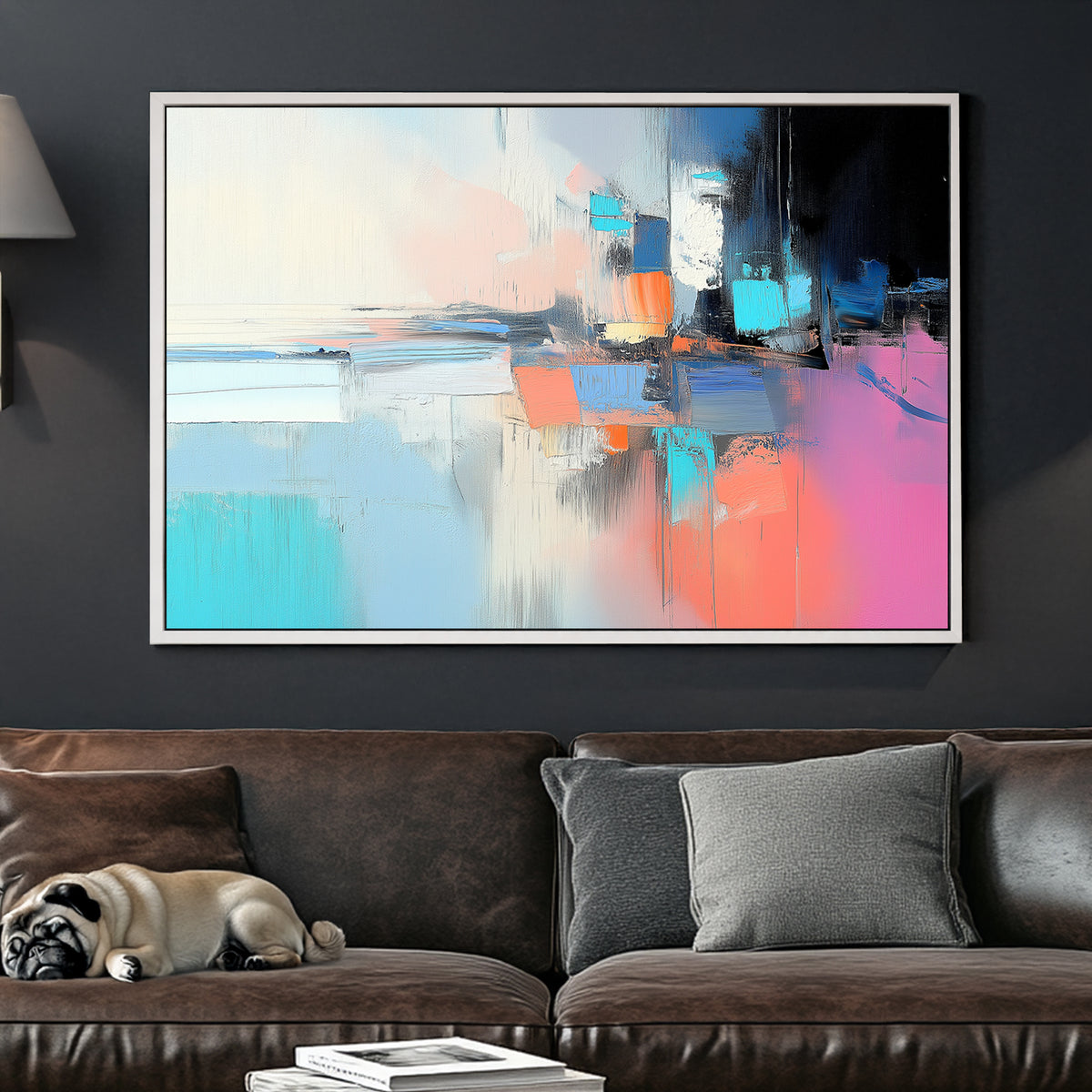 Abstract wall art with blue, orange, pink, and black hues, resembling a deconstructed cityscape with layered brushstrokes.