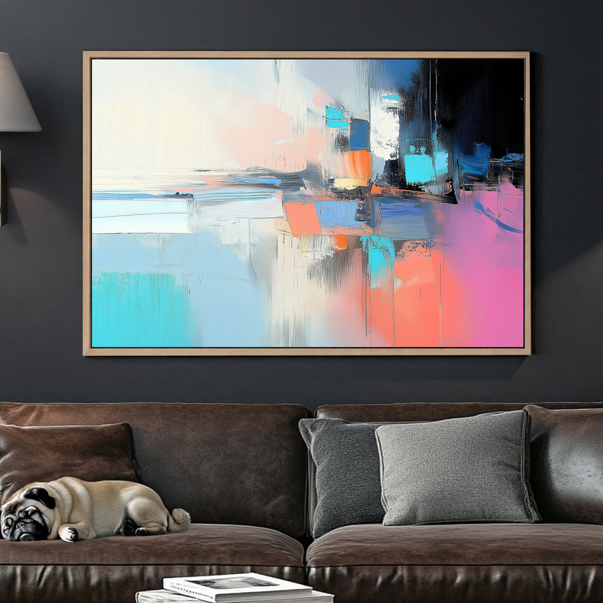 Abstract wall art with blue, orange, pink, and black hues, resembling a deconstructed cityscape with layered brushstrokes.