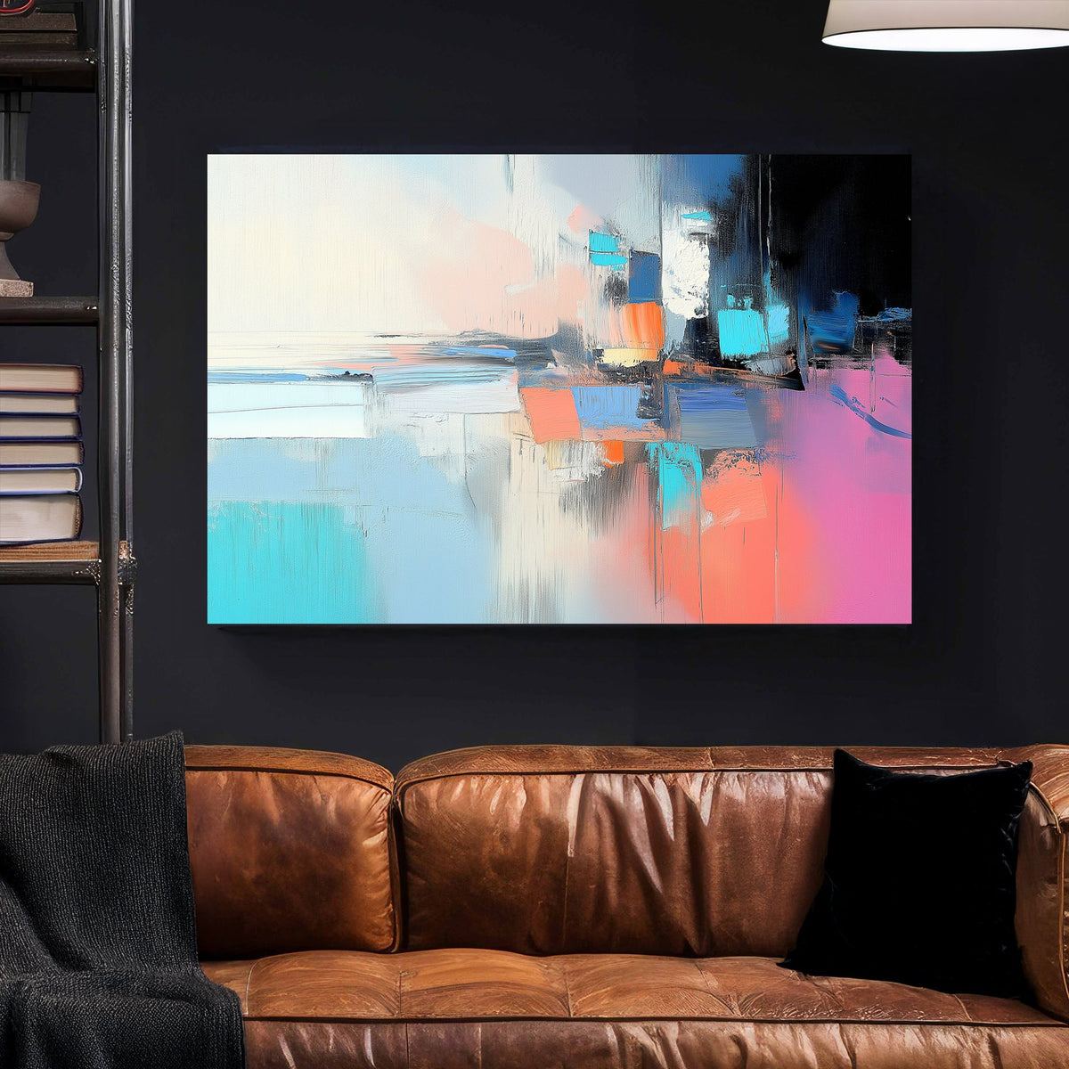 Abstract wall art with blue, orange, pink, and black hues, resembling a deconstructed cityscape with layered brushstrokes.