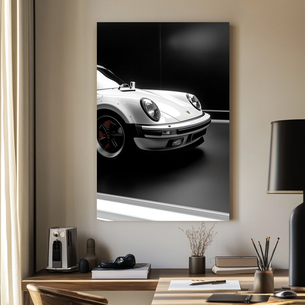 Close-up of a white Porsche 911 against a black background, showcasing its sleek design and iconic headlights.