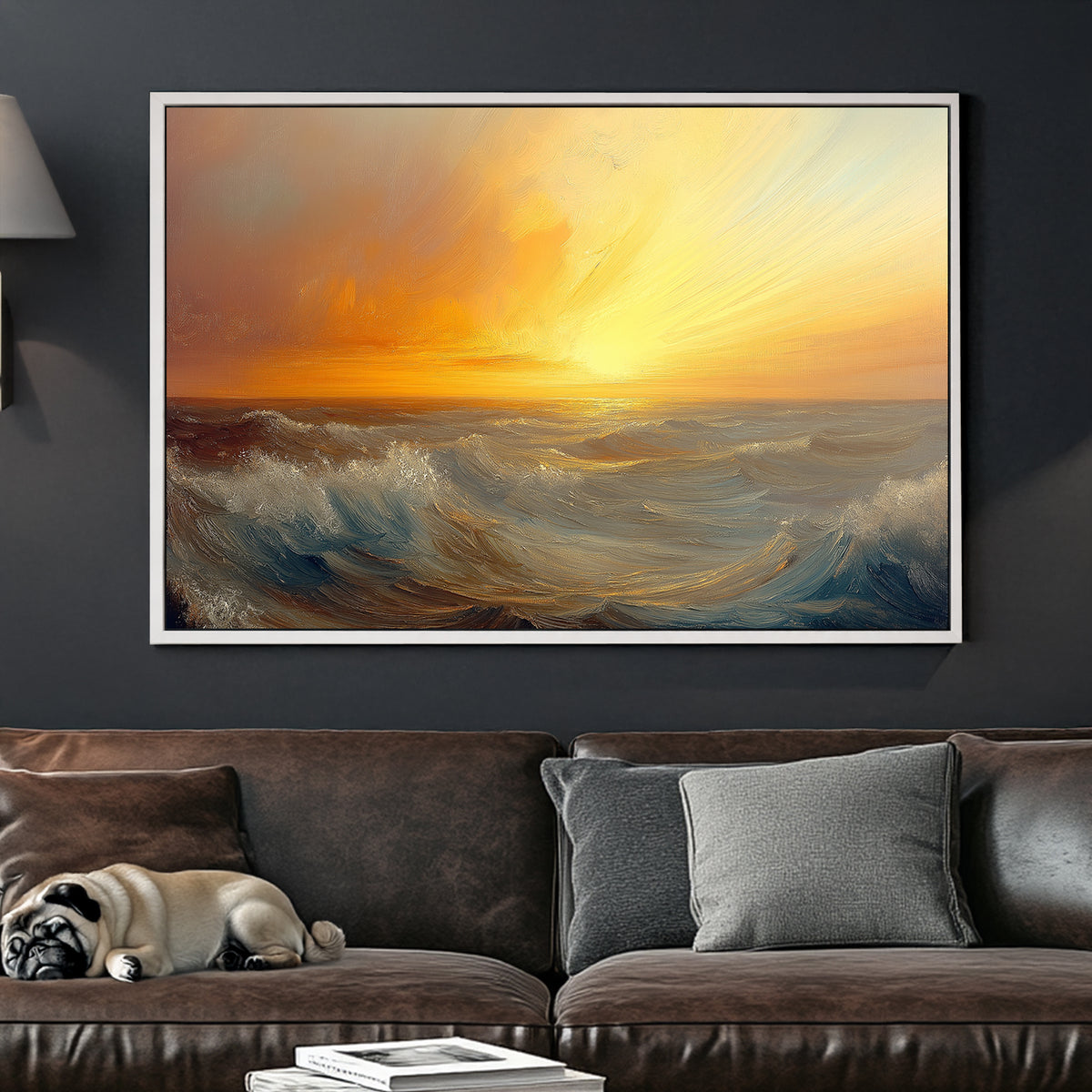 Vibrant oil wall art of a golden sunset over rolling ocean waves, blending warm and cool tones.