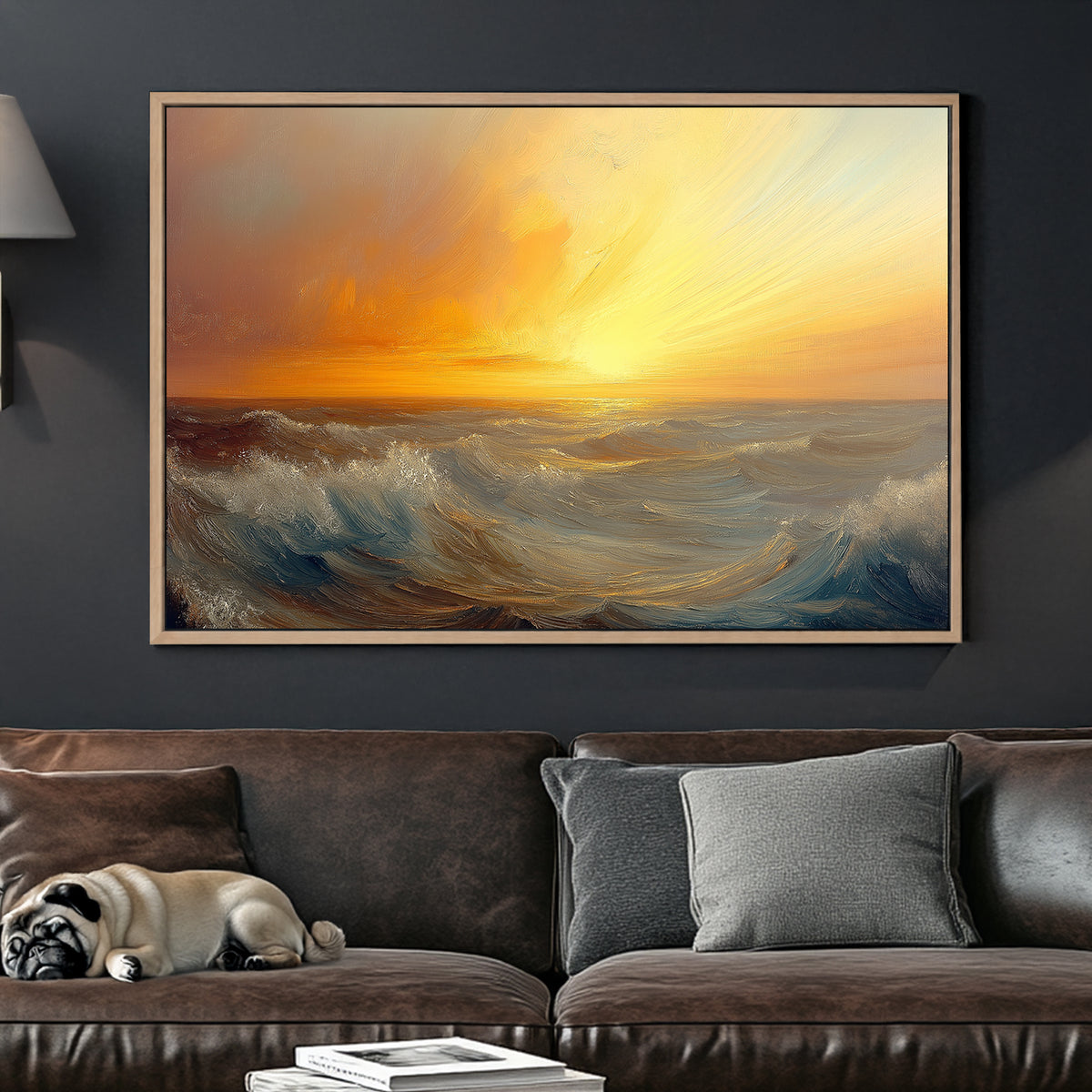 Vibrant oil wall art of a golden sunset over rolling ocean waves, blending warm and cool tones.