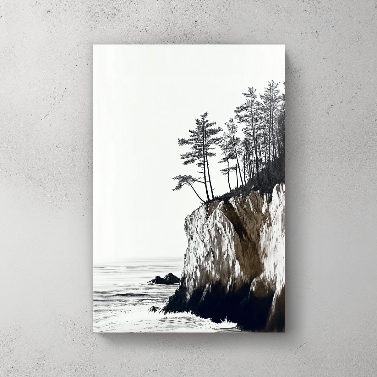Monochrome coastal landscape featuring rugged cliffs, tall pines, and a serene ocean view.