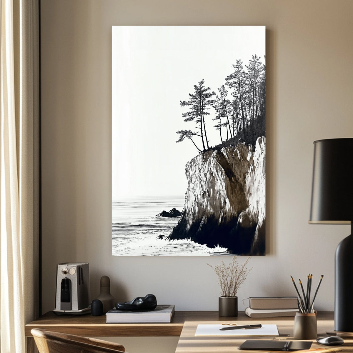 Monochrome coastal landscape featuring rugged cliffs, tall pines, and a serene ocean view.