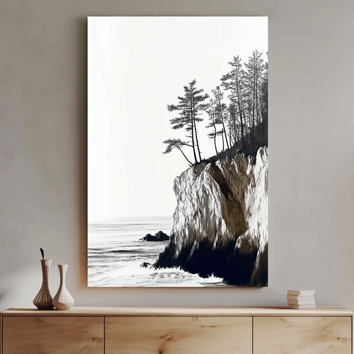 Monochrome coastal landscape featuring rugged cliffs, tall pines, and a serene ocean view.