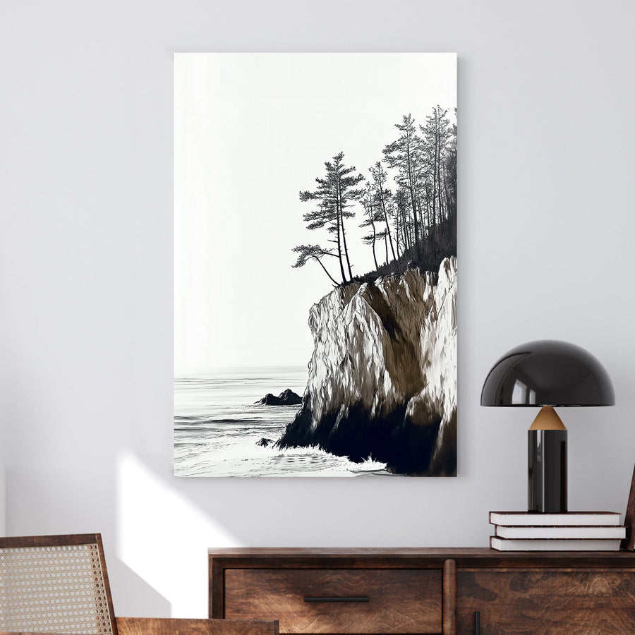 Monochrome coastal landscape featuring rugged cliffs, tall pines, and a serene ocean view.