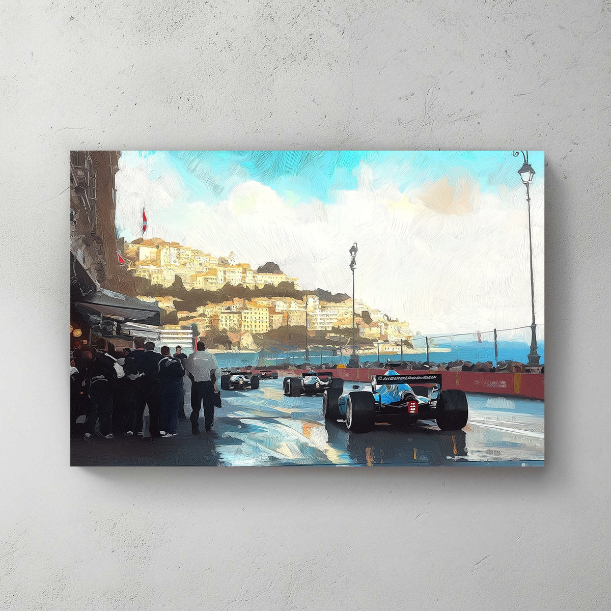 Monaco Grand Prix street race with Formula 1 cars speeding past the coastal cityscape, reflections on wet pavement, and a crowd watching in anticipation.