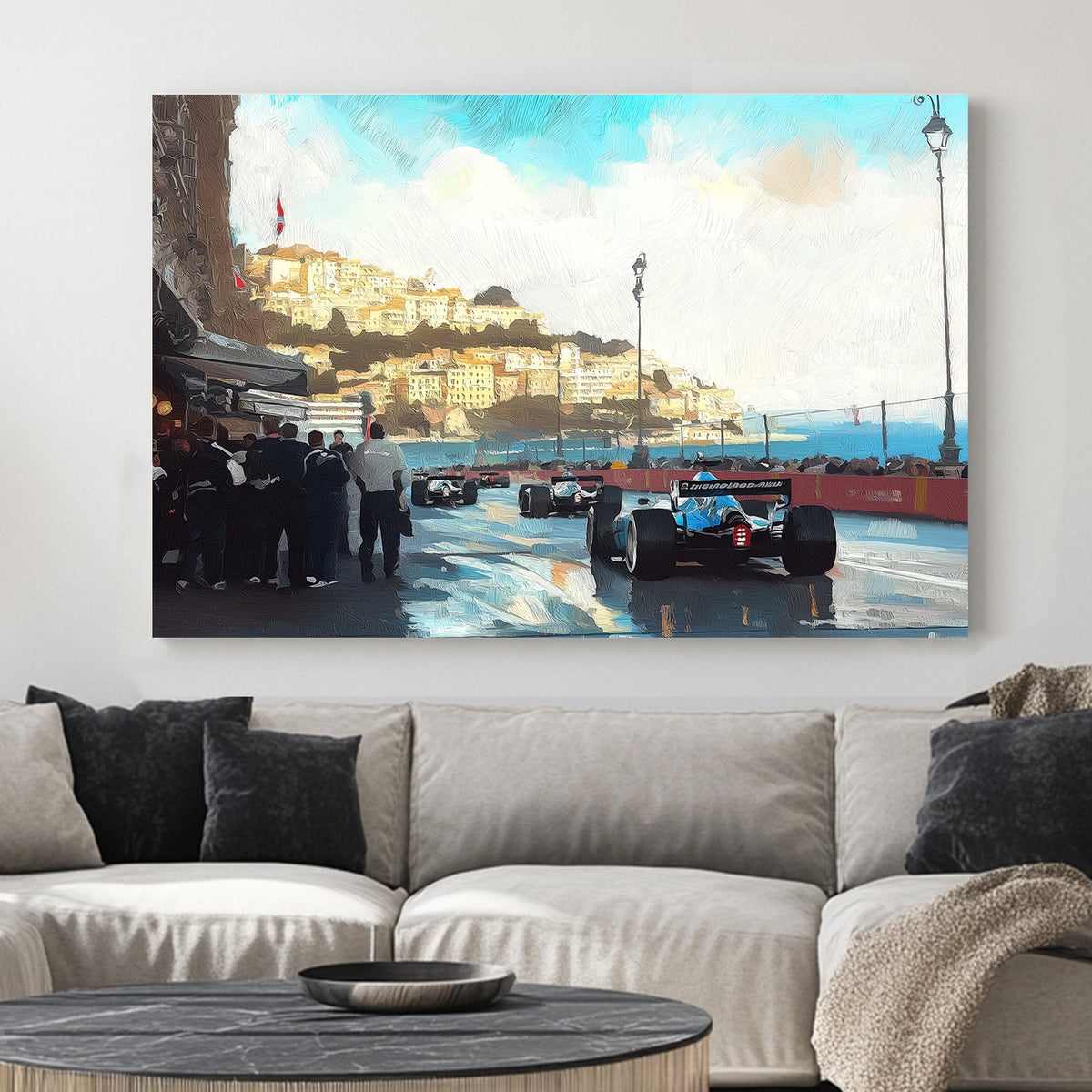 Monaco Grand Prix street race with Formula 1 cars speeding past the coastal cityscape, reflections on wet pavement, and a crowd watching in anticipation.